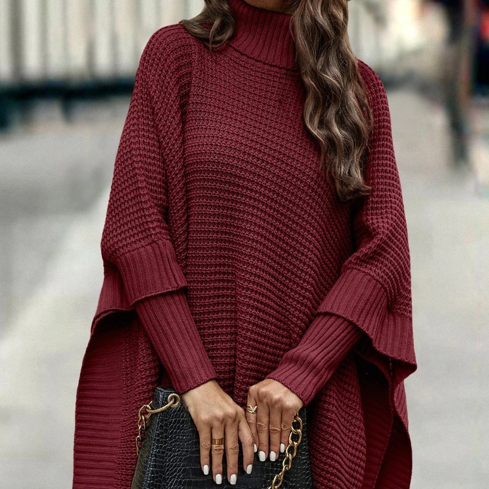 Casual Turtleneck Batwing Sleeve Sweater  burgundy